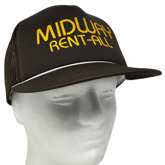 Vintage Midway Rent All Trucker Hat Cap Brown 80s Foam Front Mesh Snapback Rope - Picture 1 of 10